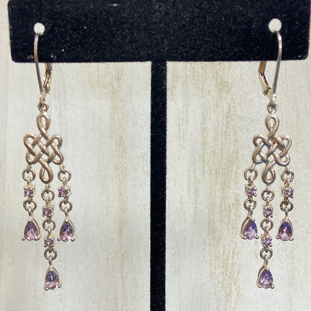 Sterling Silver Amethyst 2 1/2” Dangle Earrings Thailand EUC